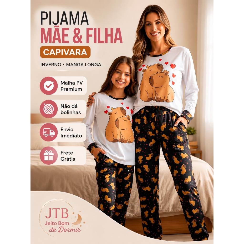 Pijama Mãe e Filha Capivara Inverno | Kit Tal Mãe Tal Filha | Malha PV Premium Manga Longa