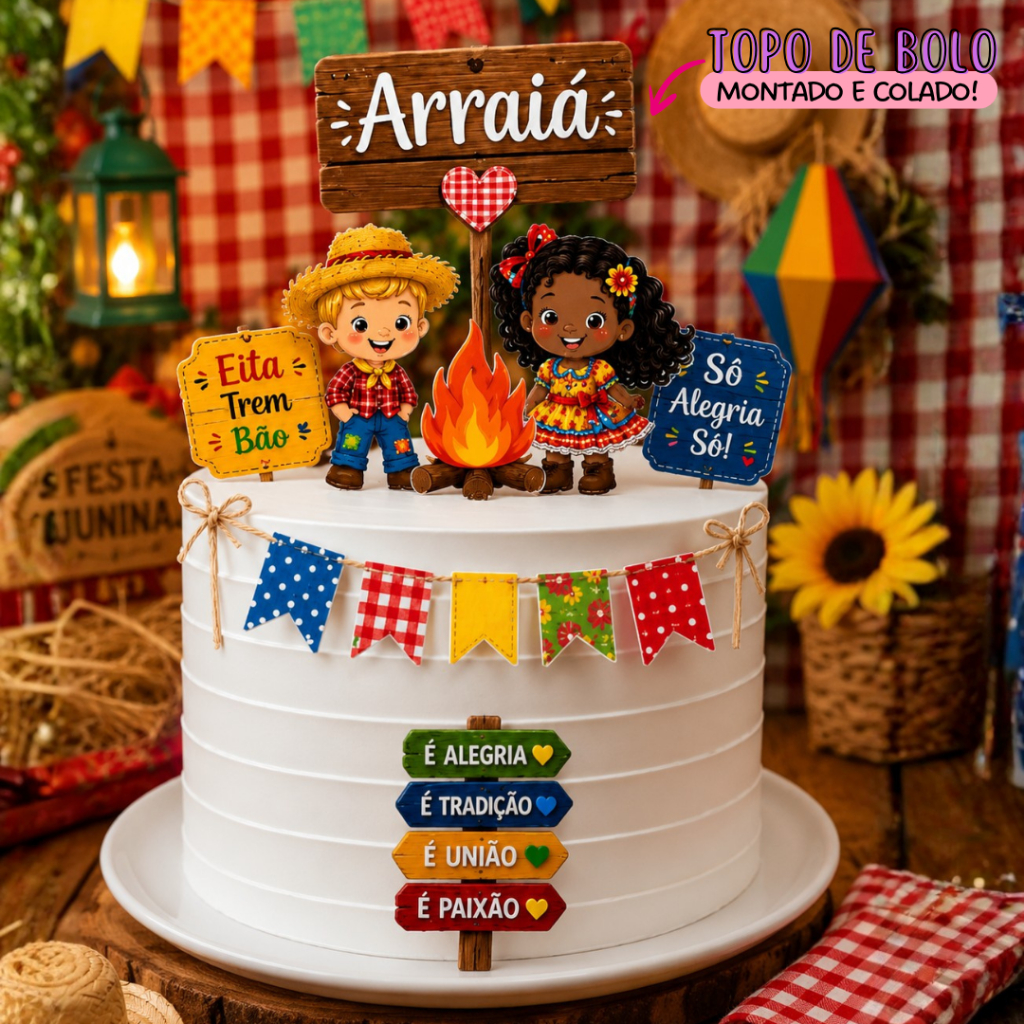 Topper de Bolo Arraia São João Festa Junina Personalizado 3D com Nome e Idade - Topo de Bolo Aniversário Festa Junina