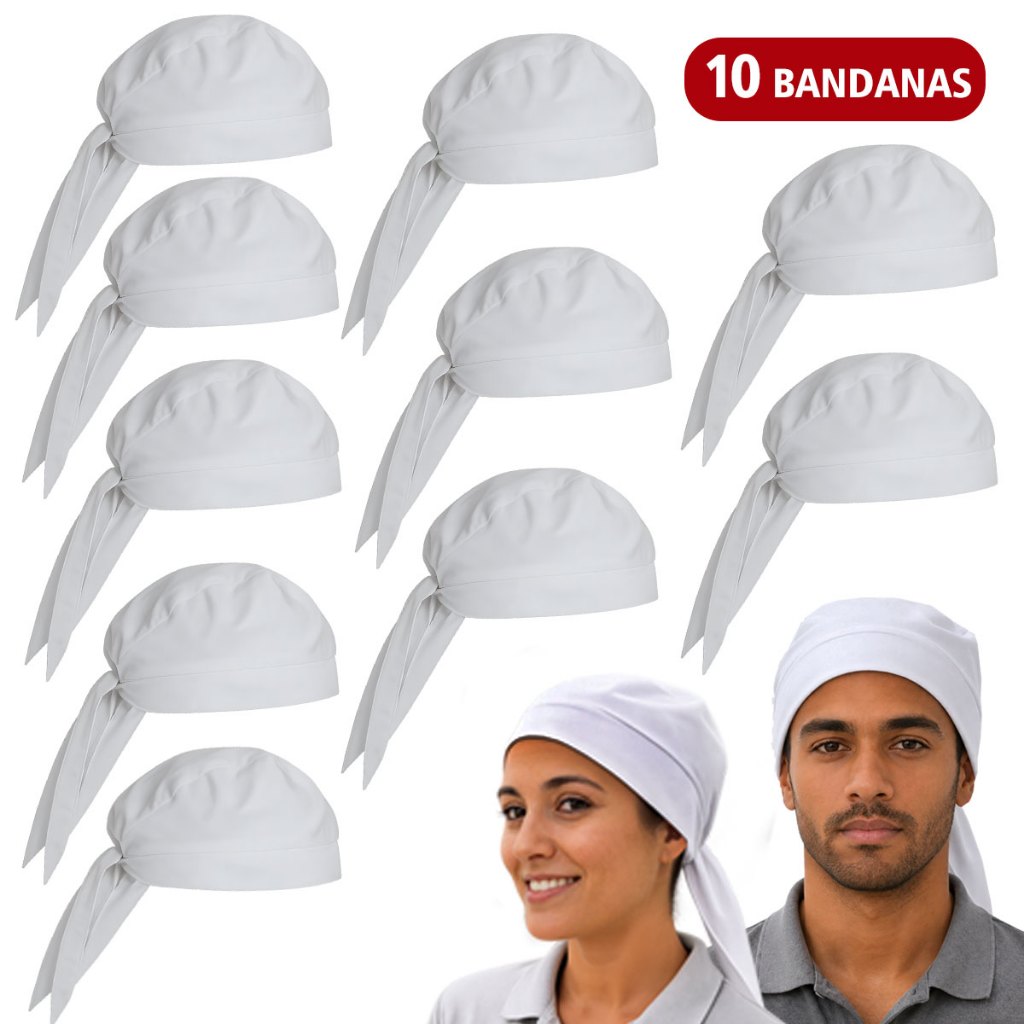 Kit 10 Un Bandana Branca Unissex Touca Garçom/Garçonete Cheff Cozinha Pizzaria Barman Padaria Oxford