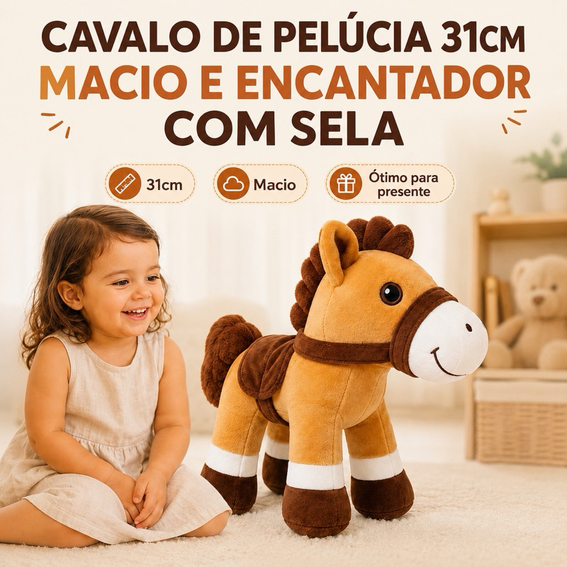 Cavalo de Pelúcia com Sela 31cm Macio Infantil Presente Decoração Fazendinha