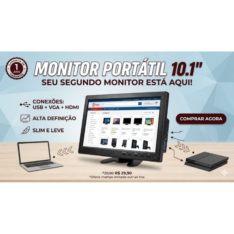 Tela Monitor Lcd 10.1 Colorida Controle Hdmi Vga Mp5 Av Usb