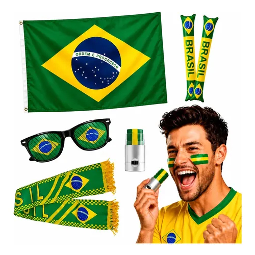 Kit Torcedor Brasil 5 Peças Torcida Copa Do Mundo Óculos Tinta Rosto Cachecol Bandeira Brasil