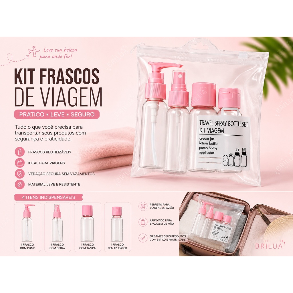 Kit 4 Frascos Para Viagem Shampoo Creme Perfume Com Necessaire