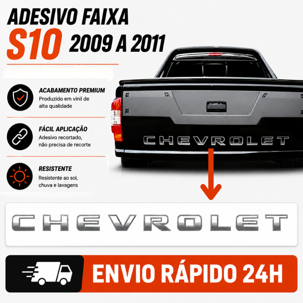 Adesivo Faixa Tampa Traseira S10 2009 A 2011 - Adesivo Prata Degradê (Para S10 cor escura)
