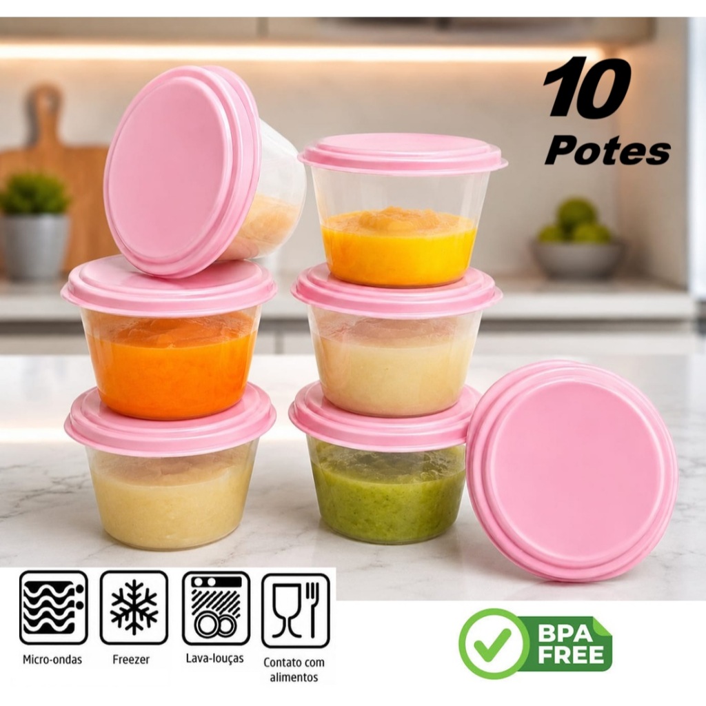 Kit 10 Potes Gelatina Papinha Dieta Sobremesa Rosa Claro 100 ml BPA Free