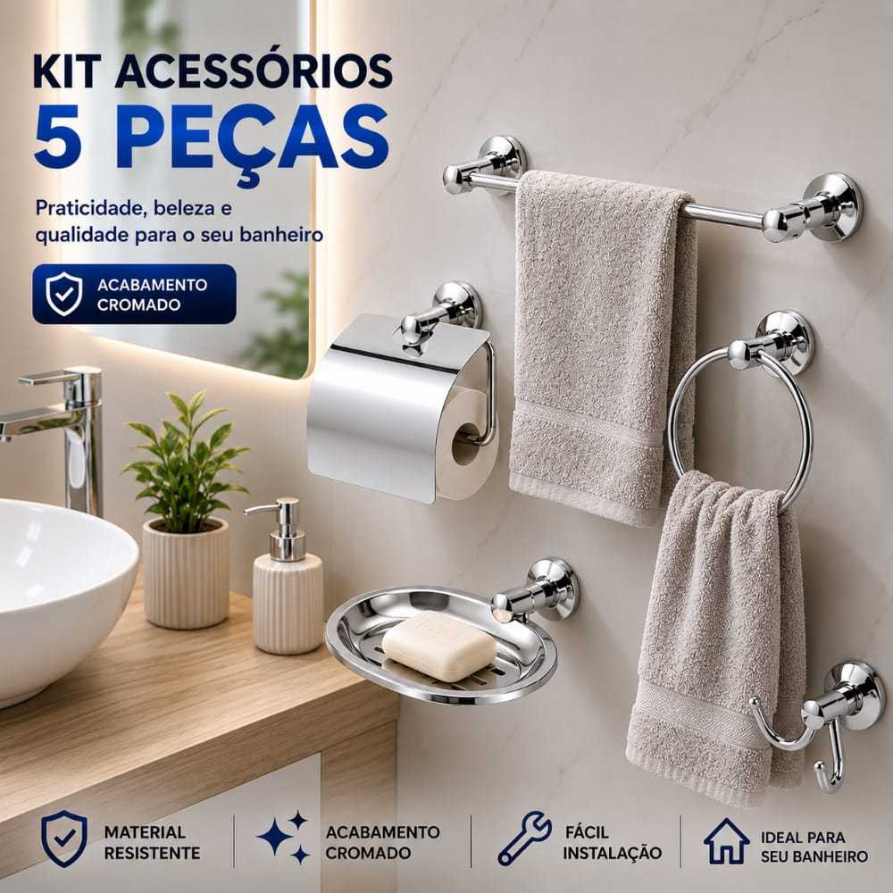 Kit Acessórios Banheiro 5 Peças Aço Inox 304 Cromado Completo Resistente