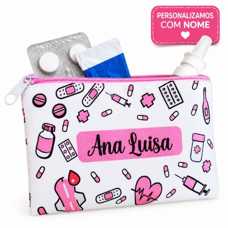 Nécesserie personalizada com nome. Organizadora de remédios e medicamentos.
