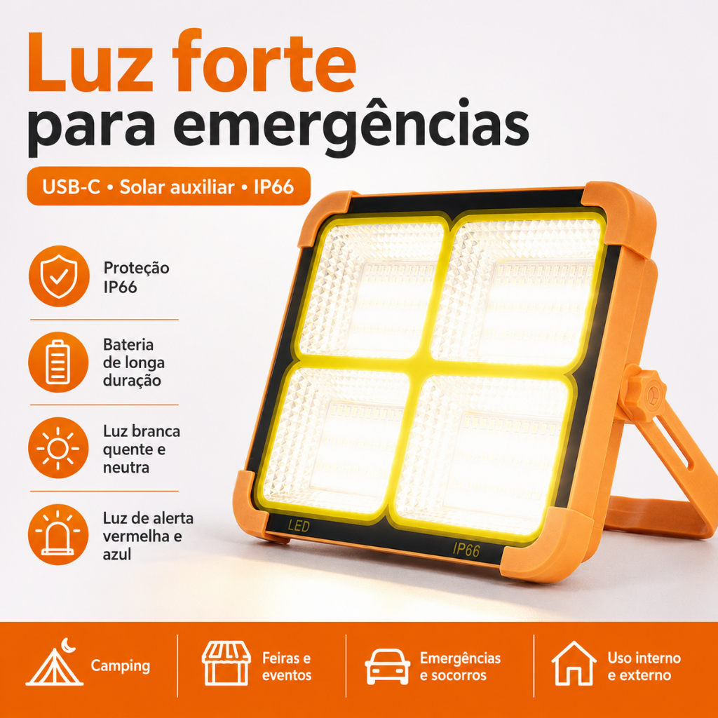 Refletor Solar LED Recarregável USB-C Impermeável com Ímã e Power Bank para Camping e Emergência