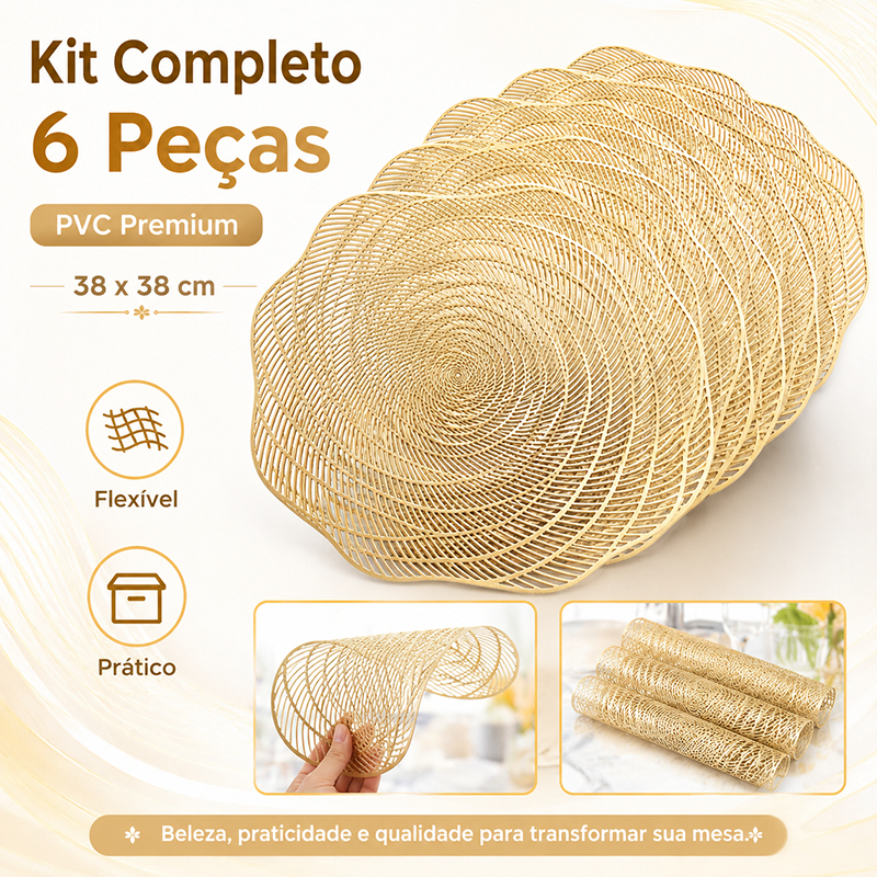 Kit 6 Jogo Americano Sousplat PVC Redondo Dourado Para Mesa de Cozinha Sala de Jantar