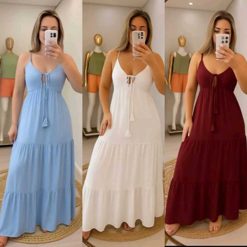 Vestido Longo Feminino em Tecido Duna com Bojo e Forro | Alcinhas Reguláveis | Elegante e Confortável
