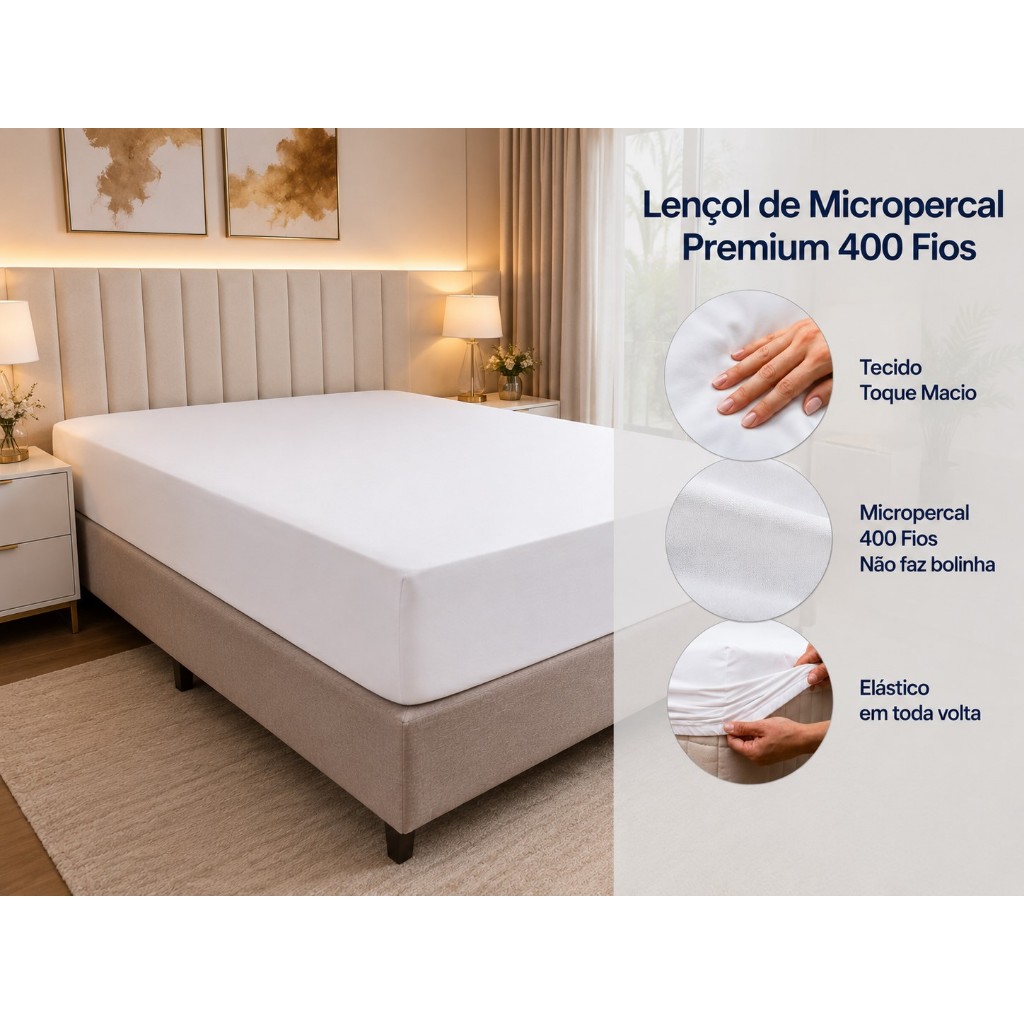 Lençol Avulso de Elástico Micropercal 400 fios Toque Macio Algodão Anti Bolinhas Solteiro Casal Queen