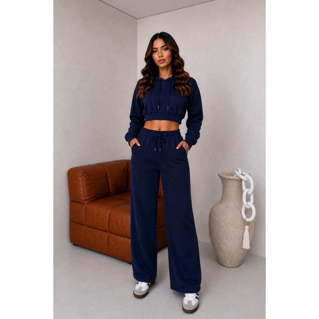Conjunto de Moletom Feminino Flanelado Premium Grosso Quentinho Blusa Gola Careca e Calça Pantalona com Bolso Inverno Ca