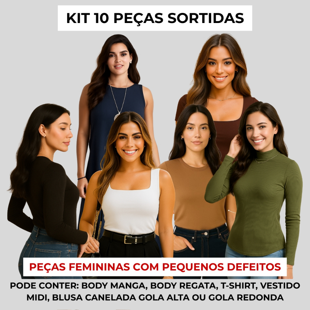 Kit 10 Peças Femininas Aleatórias com Pequenos Defeitos Promoção Queima de Estoque Leves Defeitos
