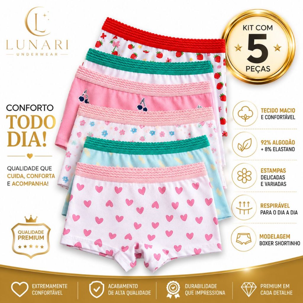 Kit 5 Calcinha Box Boxer Shortinho Infantil Menina Algodão Estampas Sortidas