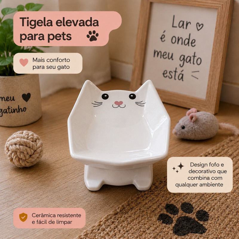 Tigela Elevada para Gato em Cerâmica Premium | Pote Ergonômico Geométrico Anti Vômito Alimentação Confortável Pet