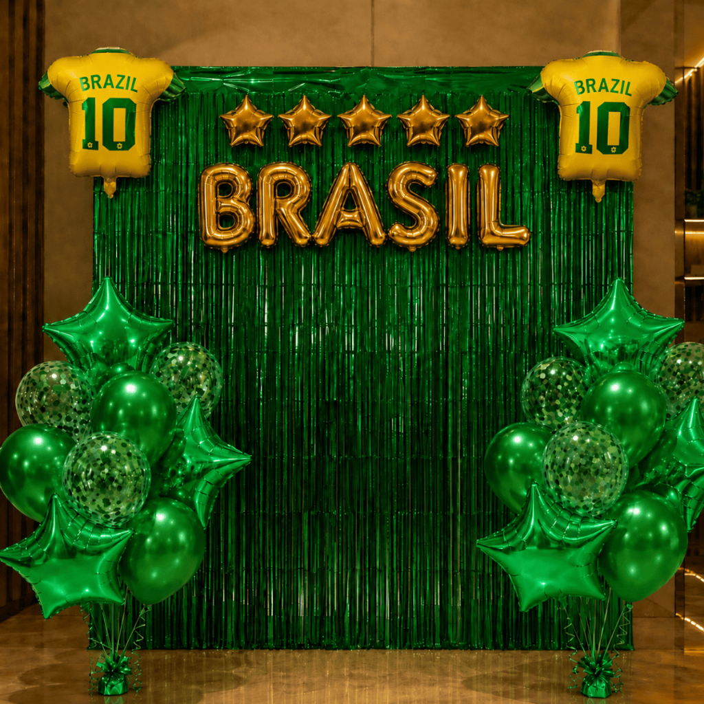 Kit Decoração Completa Copa do Mundo Brasil Balões Festa Brasil + Cortina Metalizada Letra Brasil