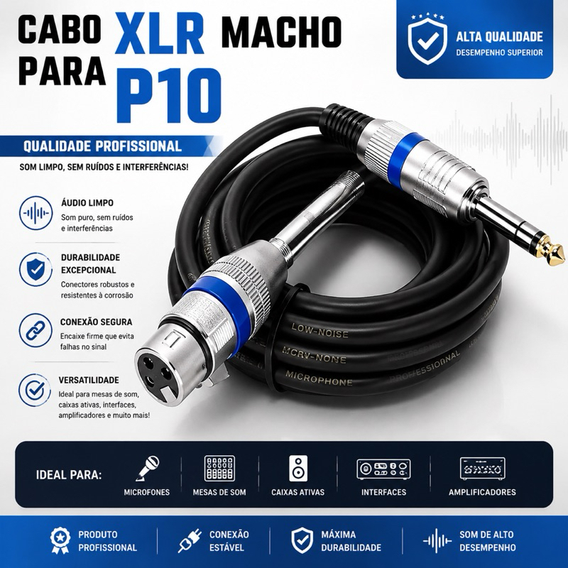 Cabo Microfone E Violao Mono Xlr / P10 3 Metros Dourado