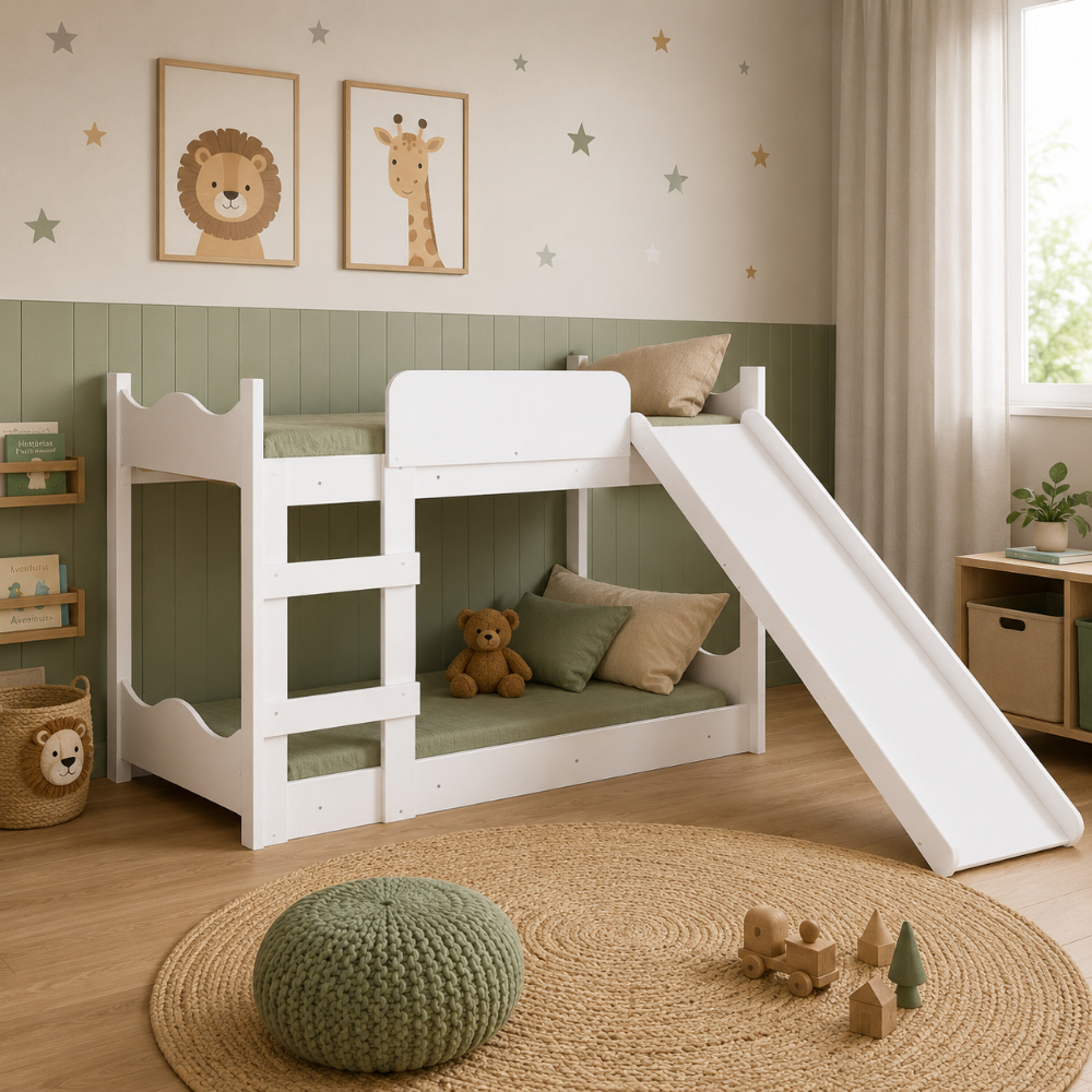 Beliche Infantil com Escorregador, Grades Laterais e Escada em MDF/MDP Cor Branco - Completa Móveis