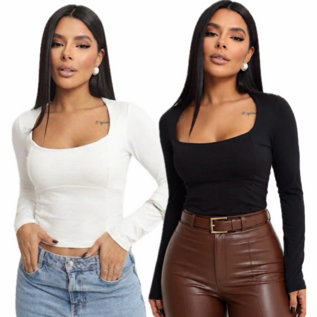 Kit Com 2 Blusas Feminina Manga Longa Inverno Decote Quadrado Halter Suplex Lycra Modeladora Moda Frio Casual