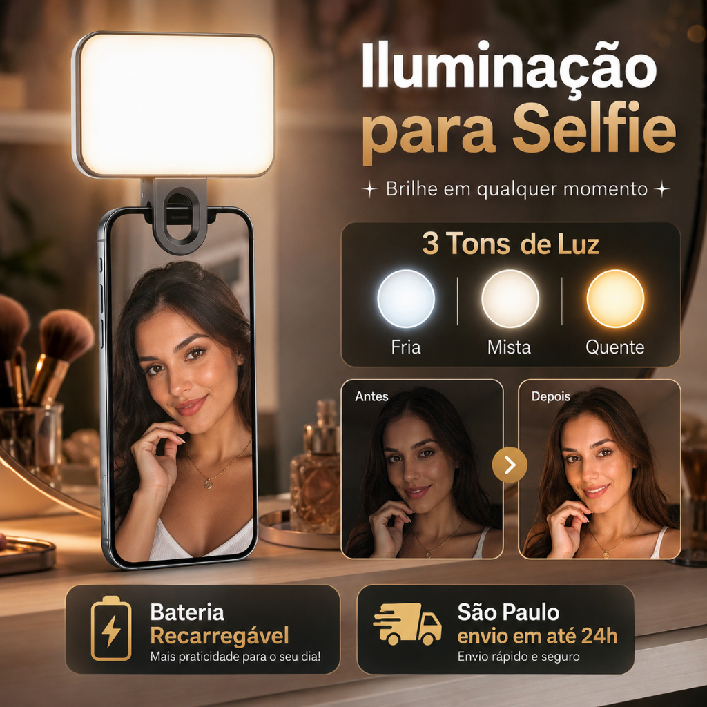 Mini Luz LED Portátil para Smartphone Ring Light Clipe Recarregável para Fotos e TikTok