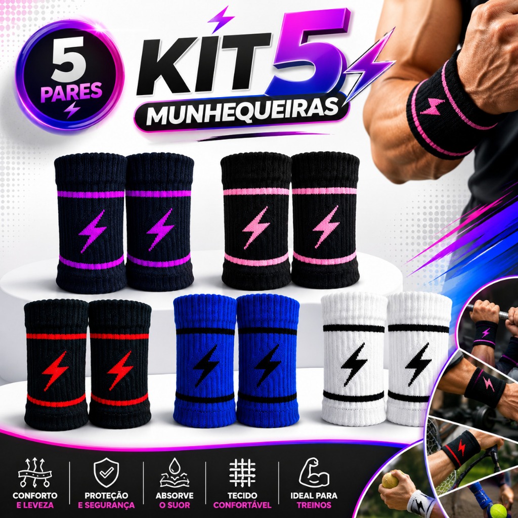 Kit com 5Pares de Munhequeira Esportiva Ajustável Proteção Punho Academia