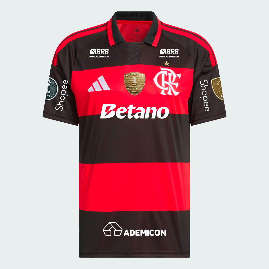 Manto Flamengo Masculina Jogo 1 Adidas 2026 - Kit Patrocínio + Kit Patchs CAMPÉON Libertadores 2025