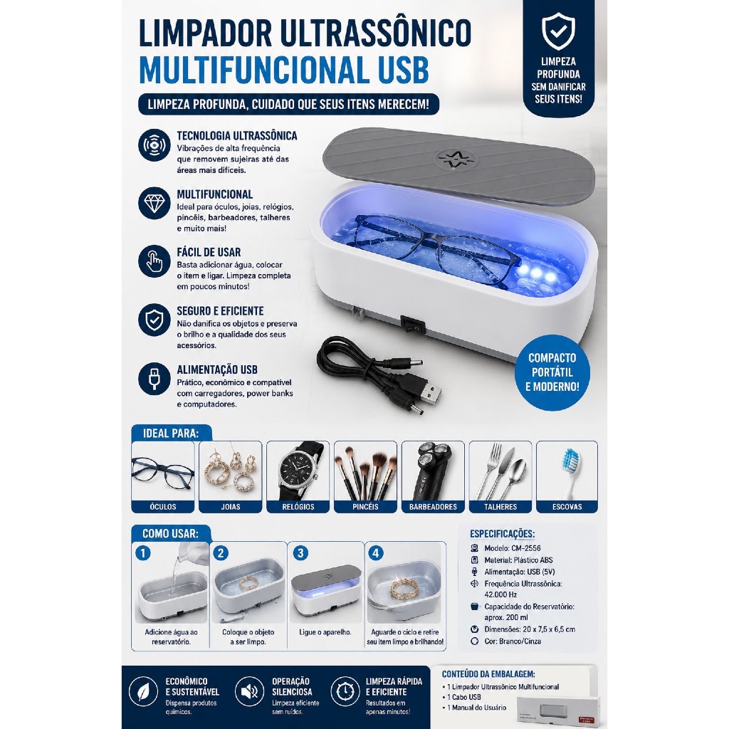 Limpador Ultrassônico Multifuncional USB para Óculos, Joias, Relógios e Acessórios