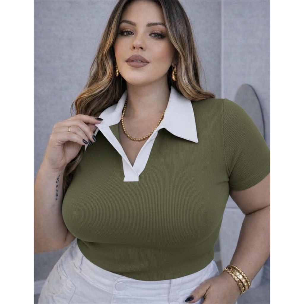 Blusa Gola Polo Plus Size ribana canelada camiseta social