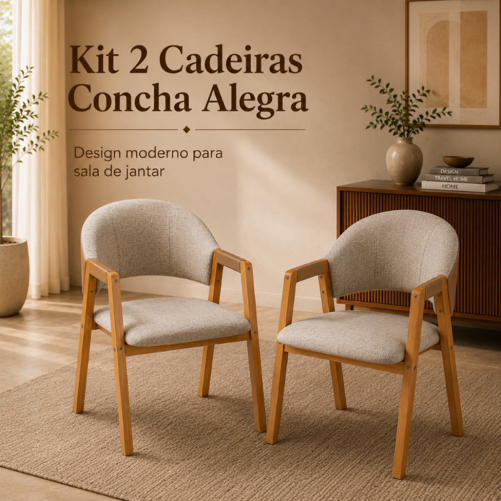 Kit 2 Cadeiras Concha Alegra Estofada Linho Sala de Jantar Moderna Luxo Estrutura Reforçada