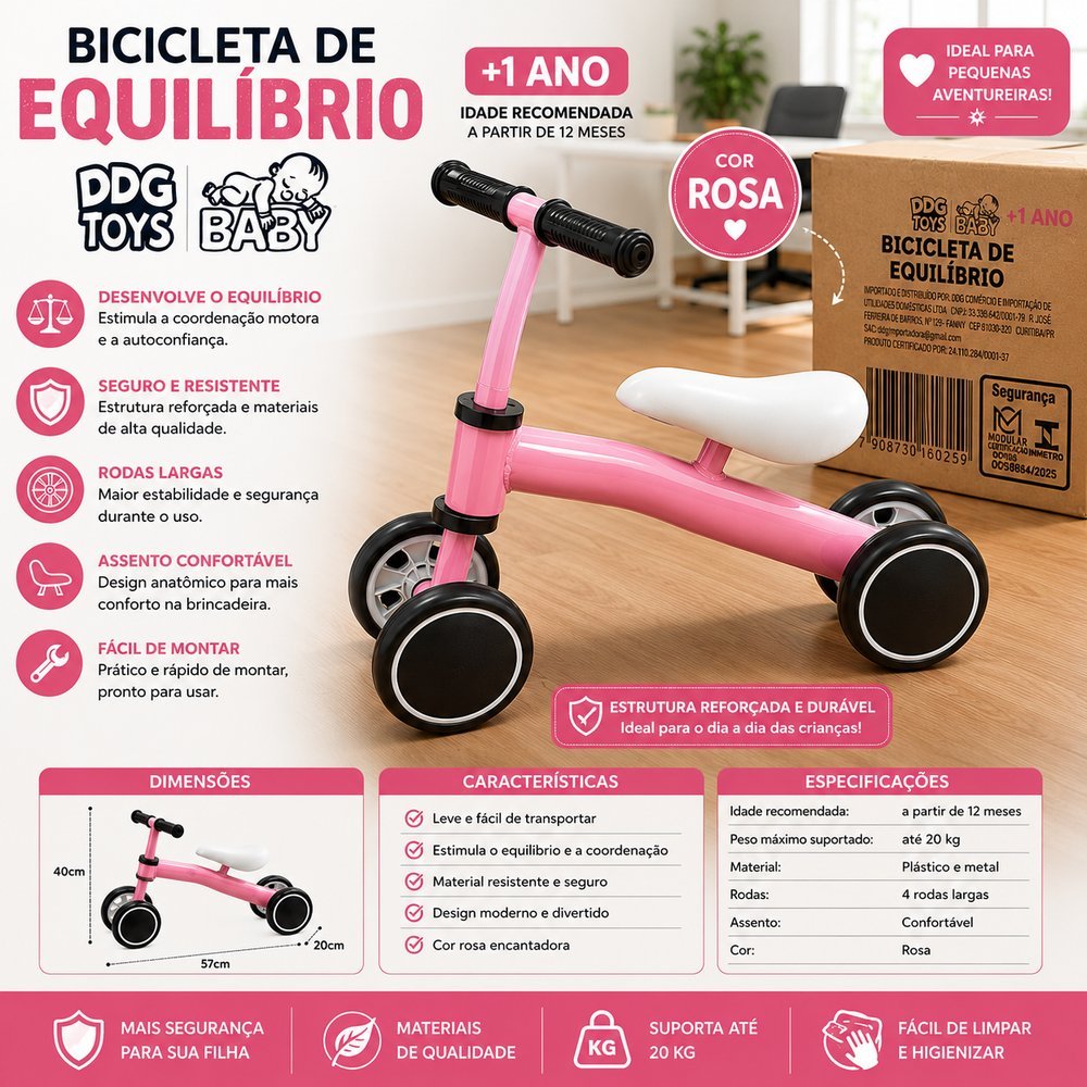 Bicicleta de Equilíbrio Infantil Bibi Bike Andador Sem Pedal 4 Rodas Aprender a Pedalar Rosa