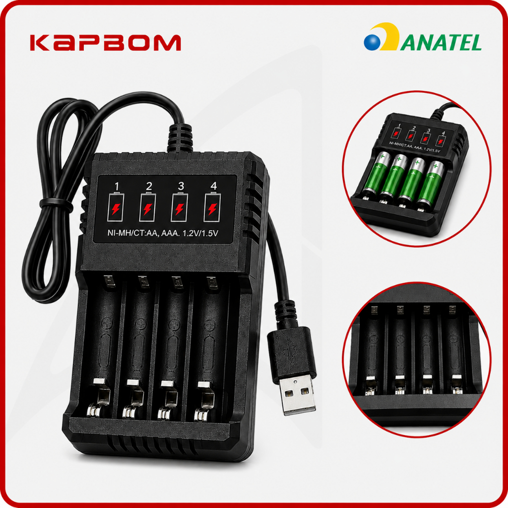 Carregador de Pilhas AA e AAA Kapbom Rápido Bivolt