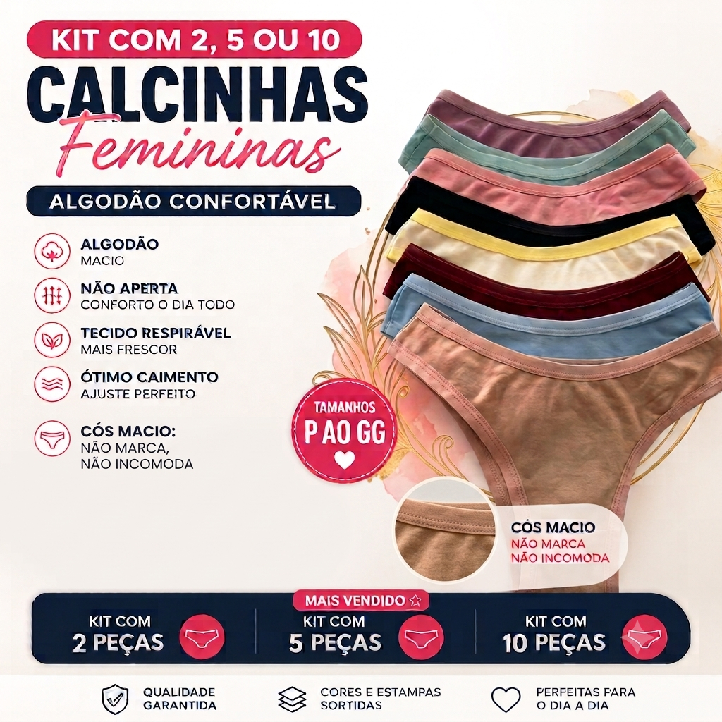 Kit 2 5 ou 10 Calcinhas Femininas Algodão Com Elastano Confortável Tanga Lisa e Estampada P ao GG