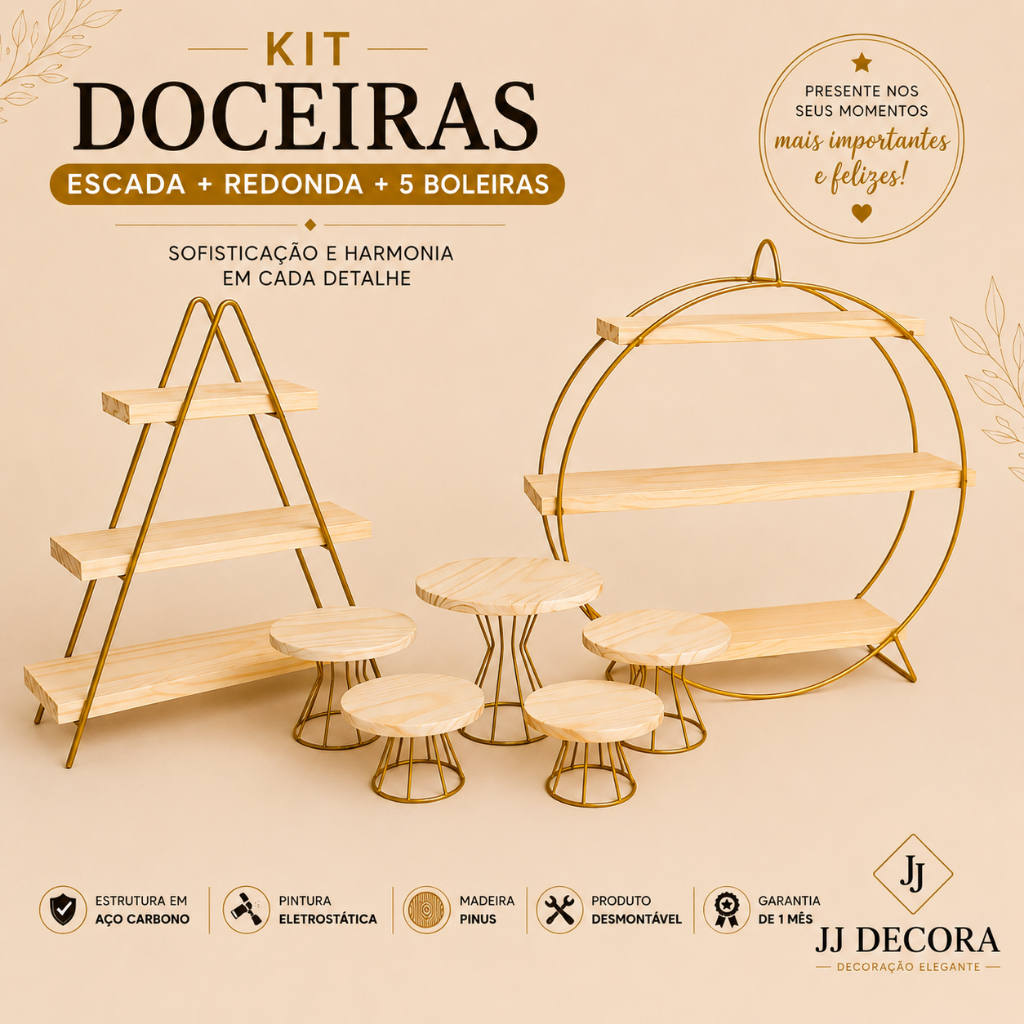 Kit Doceiras Redonda Escada +  5 boleiras Suportes Mesa Doces Salgados Festa Evento
