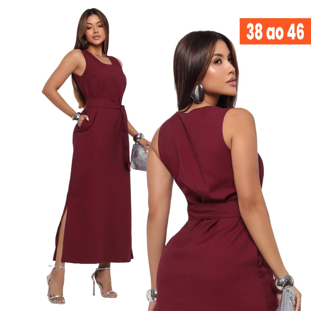 Vestido Longo Feminino Alfaiataria Elegante Confortável Faixa Versátil Bolsos Funcionais Fresquinho Verão Praia e Resort