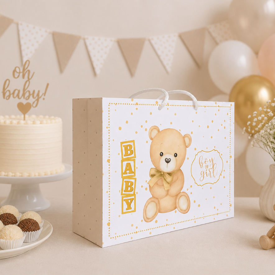Kit Festa Sacolinha Personalizada Ursinhos Bege | Lembrancinha de Aniversário | Chá revelação