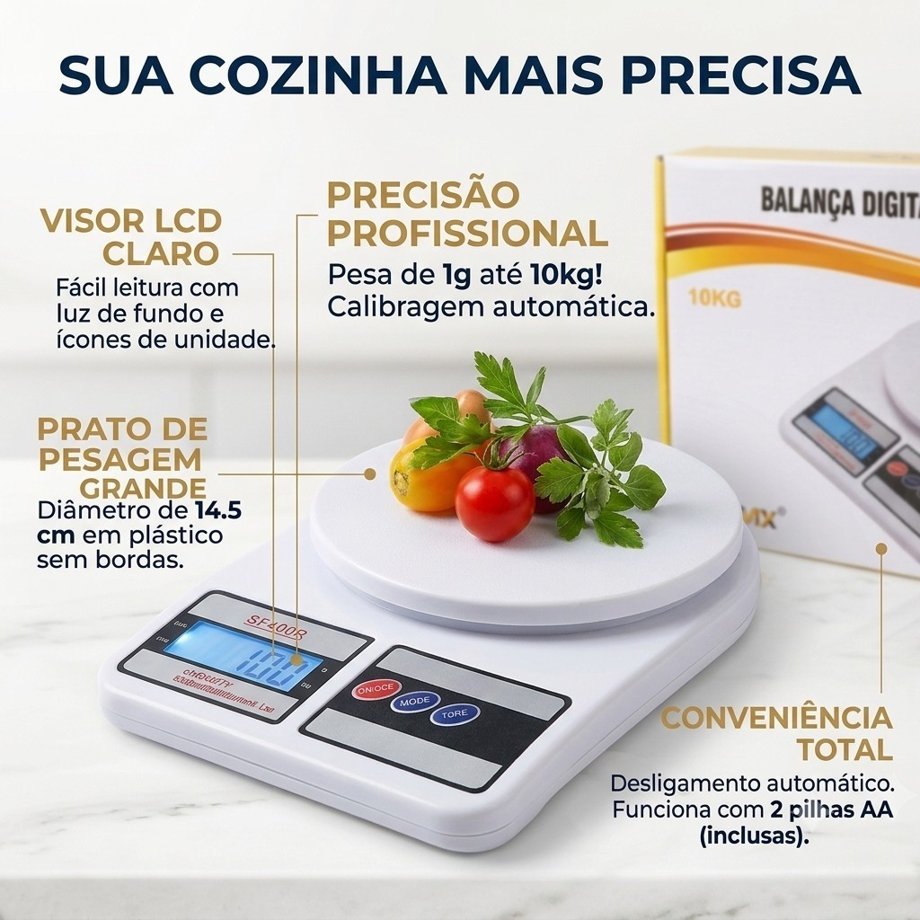 Balança Digital de Cozinha Alta Precisão 10kg com Função Tara para Alimentos, Dieta e Confeitaria