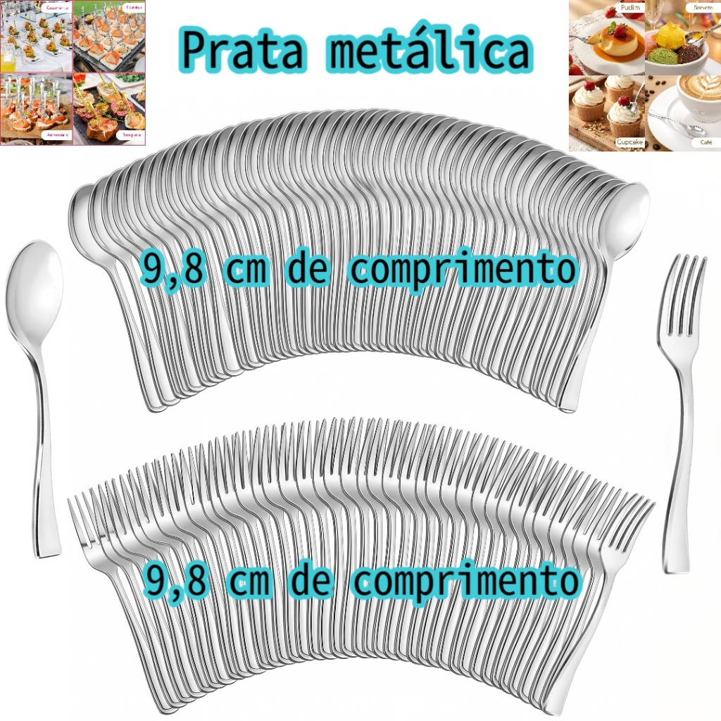 Kit Mini Garfos e Mini Colheres descartáveis plástico Prata para festa, pudin, sorvete e aperitivo