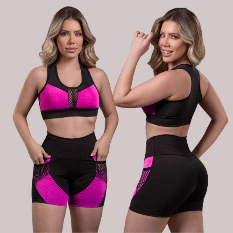 Conjunto Moda Fitness Feminino Short e Top Com Bolso Suplex Premium Cintura Alta Modeladora Academia