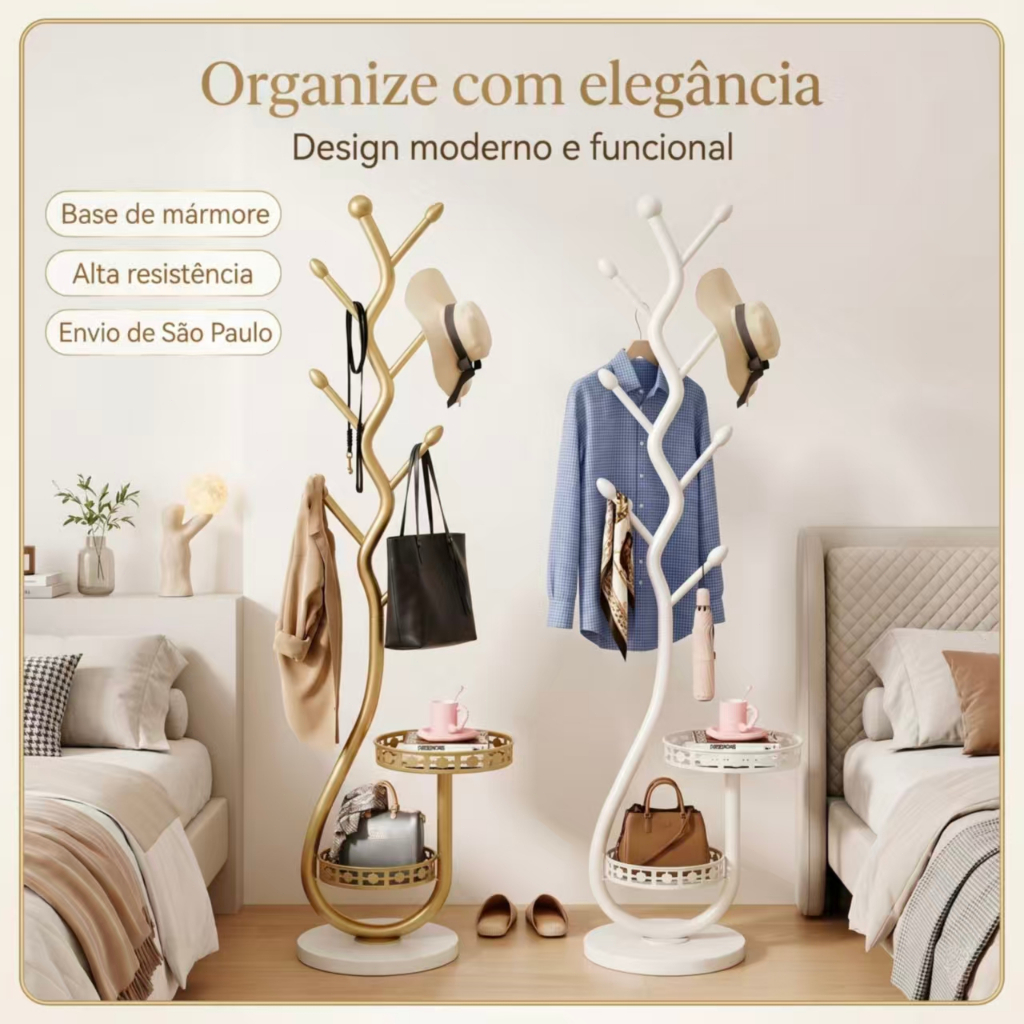 Cabideiro de Chão Mancebo Estilo Árvore Base Mármore Organizador Roupas Quarto Hall Luxo