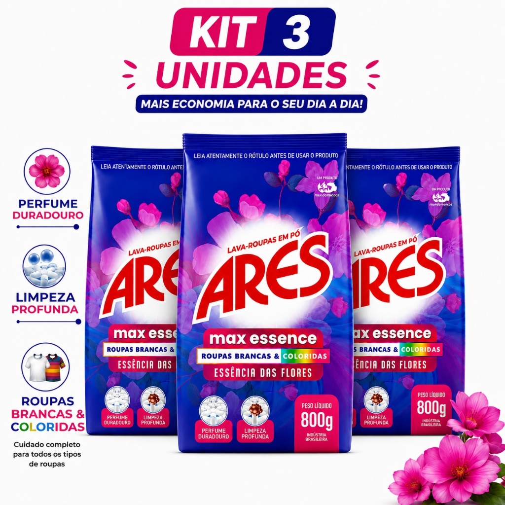 Kit 3 Sabão em Pó Lava Roupas Profissional Max Essence ARES 800g