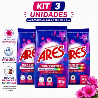 Kit 3 Sabão em Pó Lava Roupas Profissional Max Essence ARES 800g