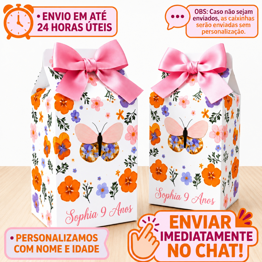 Kit Caixinhas Milk Borboleta - Caixa Milk Personalizada Borboleta - Caixa de leite Borboleta - Lembrancinha Borboleta