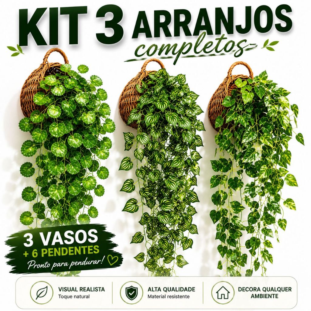 Kit 3 Vasos Decorativos Trançados com 6 Arranjos Pendentes Artificiais