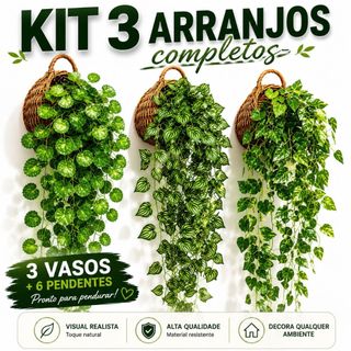 Kit 3 Vasos Decorativos Trançados com 6 Arranjos Pendentes Artificiais
