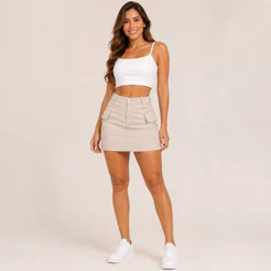 Saia Cargo Bege Jeans Feminino Cintura Alta Bolso Lateral Com Lycra Moda Verão 2026 Stillger