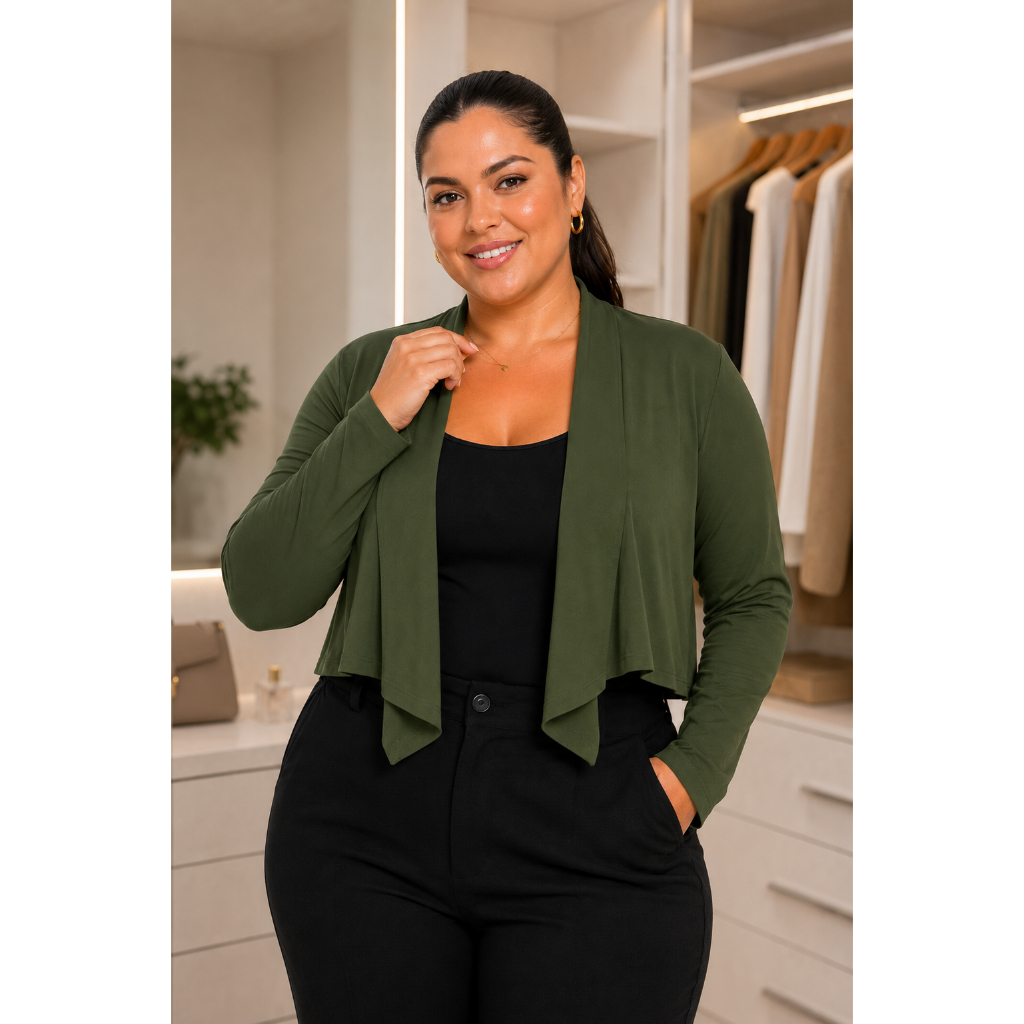 Cardigan Plus Size Manga Longa Cropped Aberto Leve para Sobrepor — imagem 2 de 2