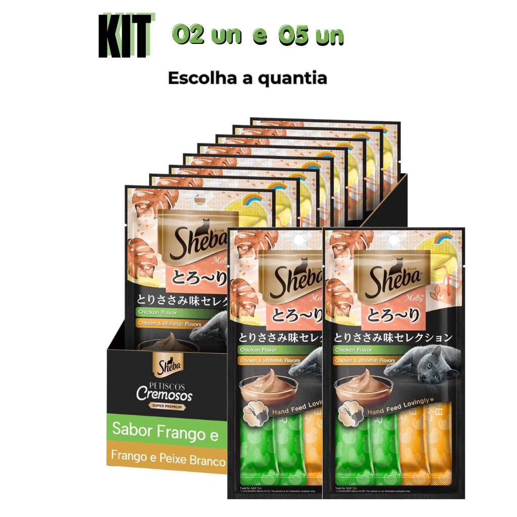 Churu Snack Sheba Cremoso Frango e peixe para Gatos kit 02 e kit 05 pacotes com 4 tubetes de 12 gramas Total 08 UN
