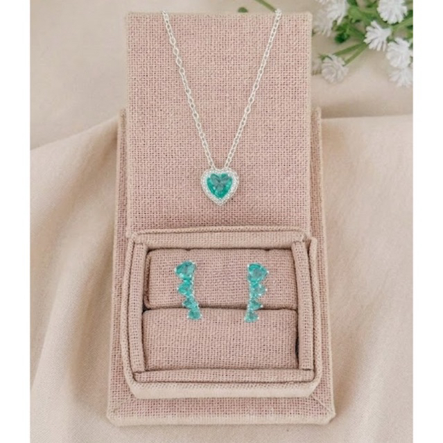 Conjunto Colar Coração Cravejado Turmalina e Brinco earcuff com zircônia Turmalina Delicado Presente dia dos namorados