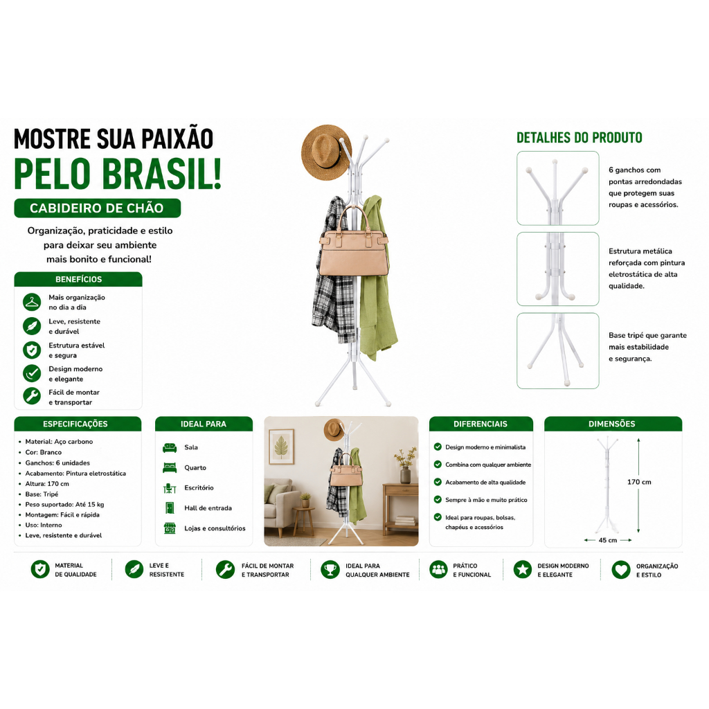 Mancebo Cabideiro de Chão Organizador Multiuso Branco Organizador Hall e Quarto Com Ganchos Multiuso