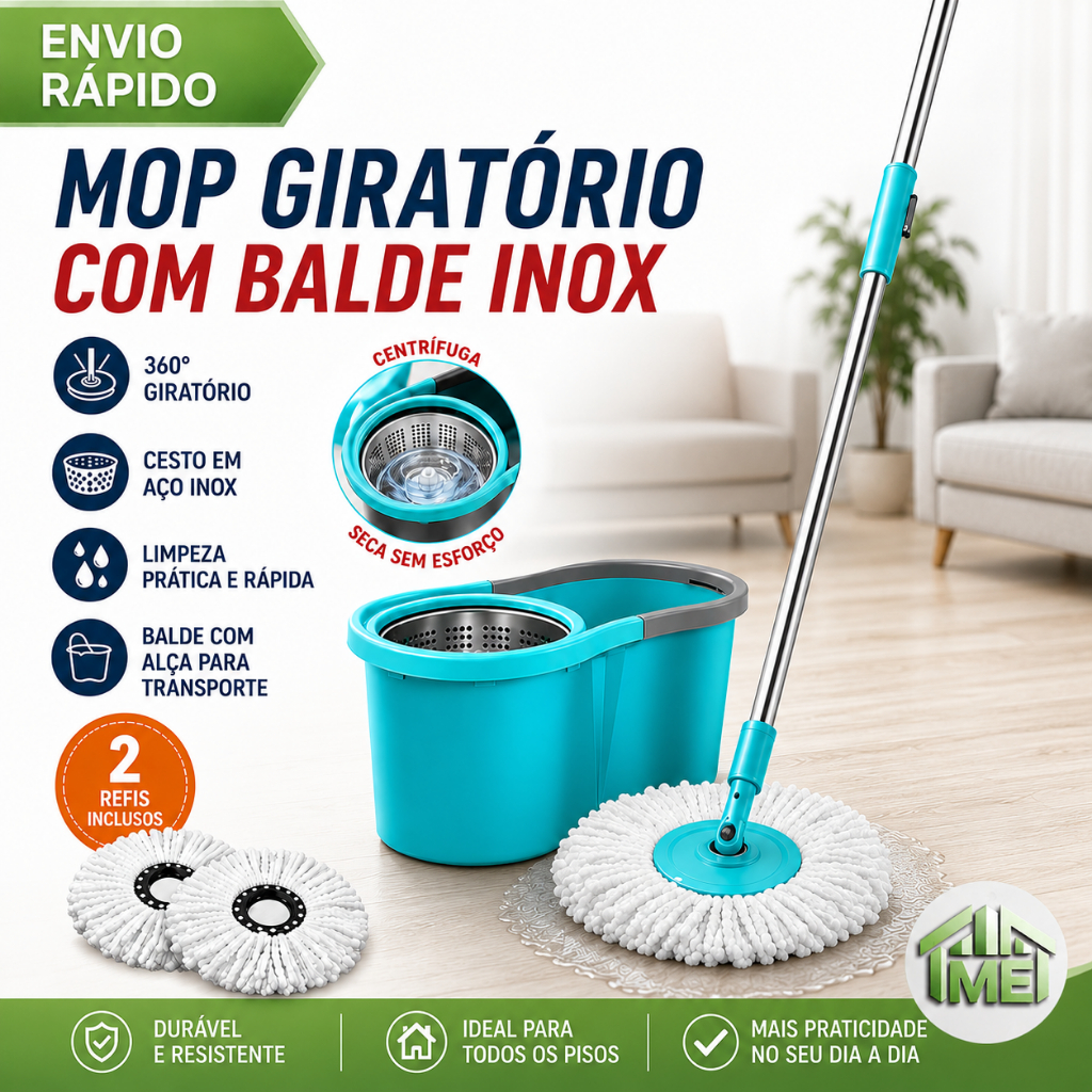 Mop Girátorio Cleaner Profissional + Balde com Centrífuga 13L + Refil Duplo e Cabo Reforçado